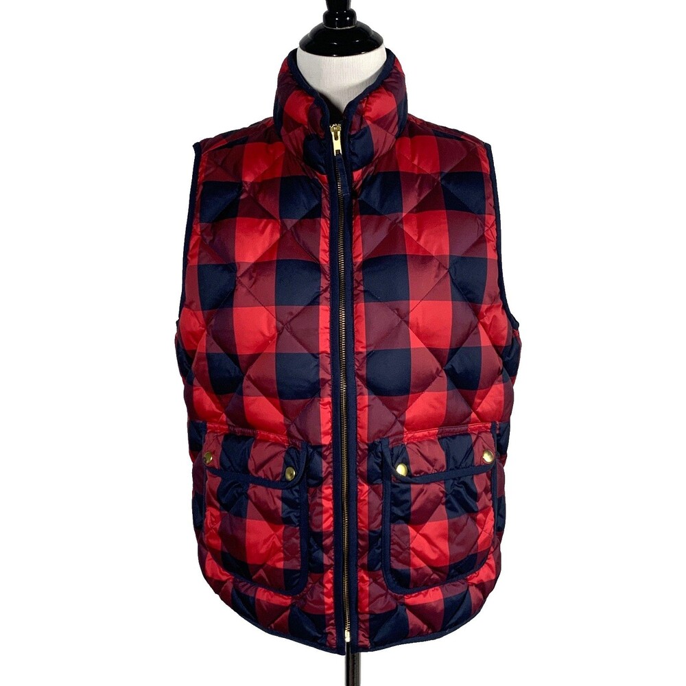 J.Crew Excursion Down Puffer Vest Red Navy Buffalo Plaid Check Size L